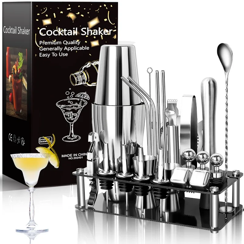 23Pcs Bartender Tool Kit, Acrylic Stand Cocktail Shaker with Stainless Steel Ice Stones