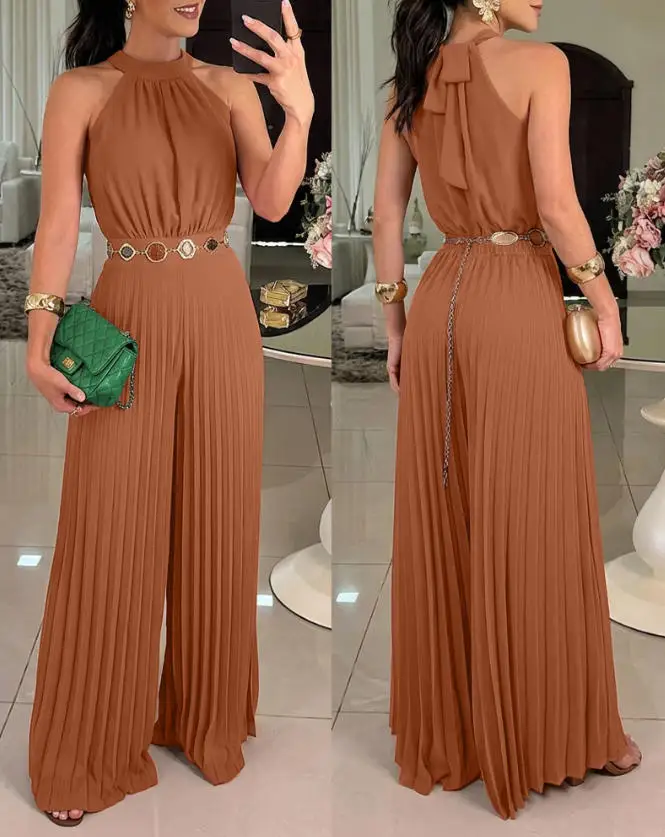 

Jumpsuit Women 2026 Spring New Solid Color Round Neck Lace Up Sleeveless High Waist Pleated Wide Leg Jumpsuit Without Belt