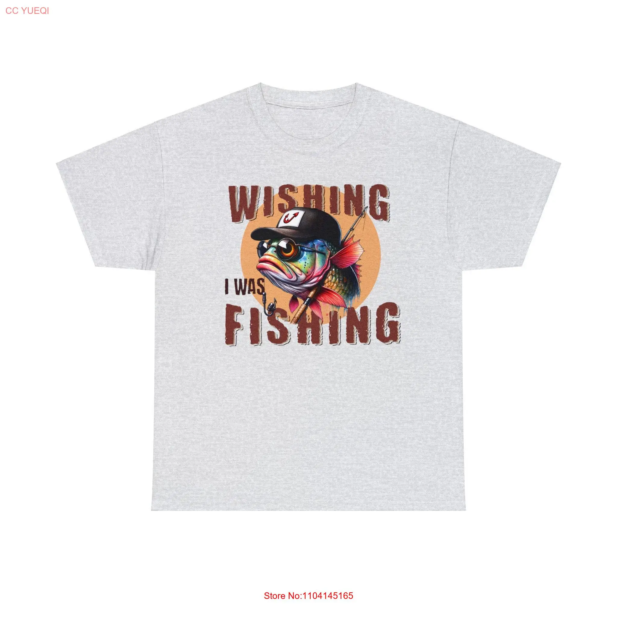 Wishing I was Fishing Fish Head Heavy Cotton T Shirt long or short sleeves