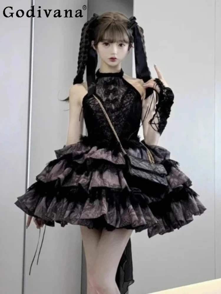Lolita High Waist A-line Fashion Age Reduction Princess Dress Spring Autumn Sweet Girl Gray Purple Versatile Sleeveless Dresses