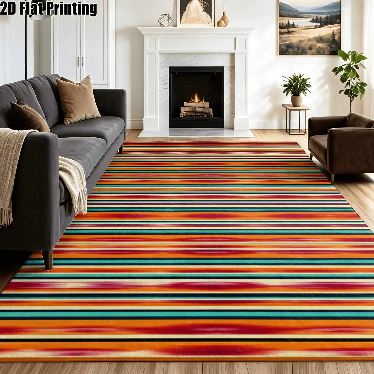 1Pc 2D Printed Carpet: Red Yellow Blue Geometric Stripes, Nordic/Instagram/Modern/European/Vintage Style, Multi-Size Machine Washable Home Decor Mat for Entrance, Dining, Bedroom, Living Room