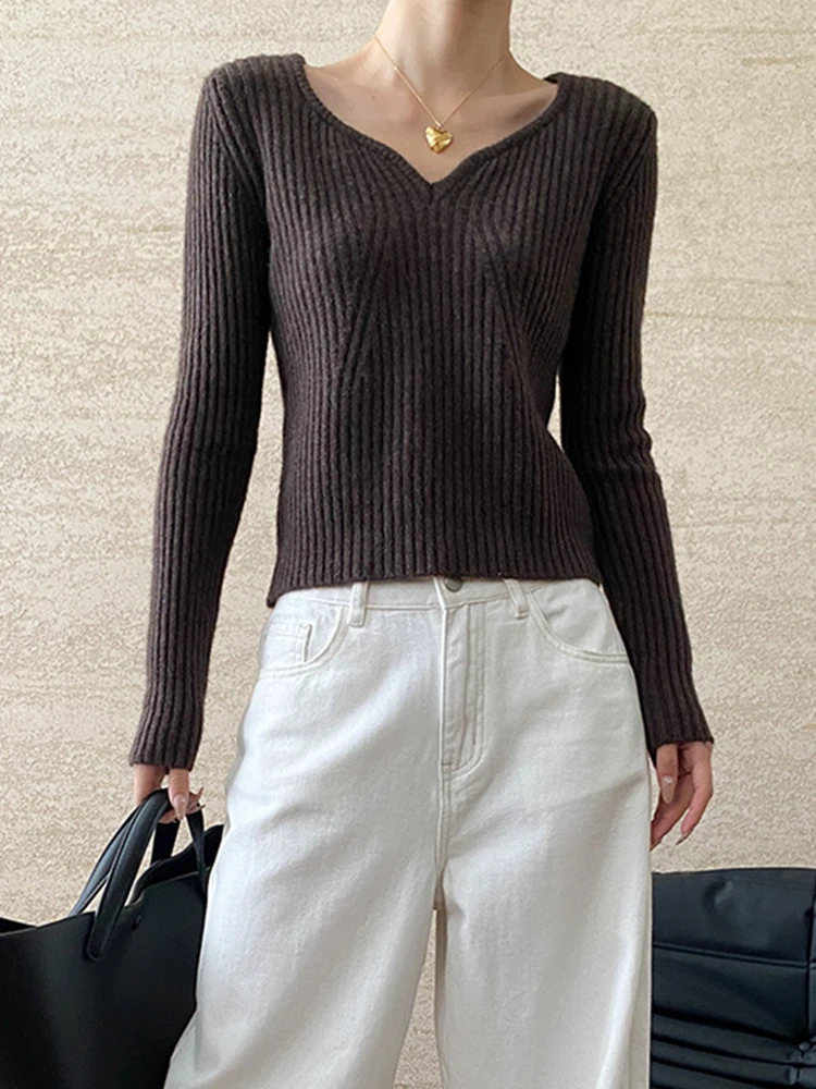 DEAT Fashion Green Knitted Pullover Women's V-neck Slim Brown Red Long Sleeve Pit Bottom Sweater Autumn Spring 2025 New 7AB6350