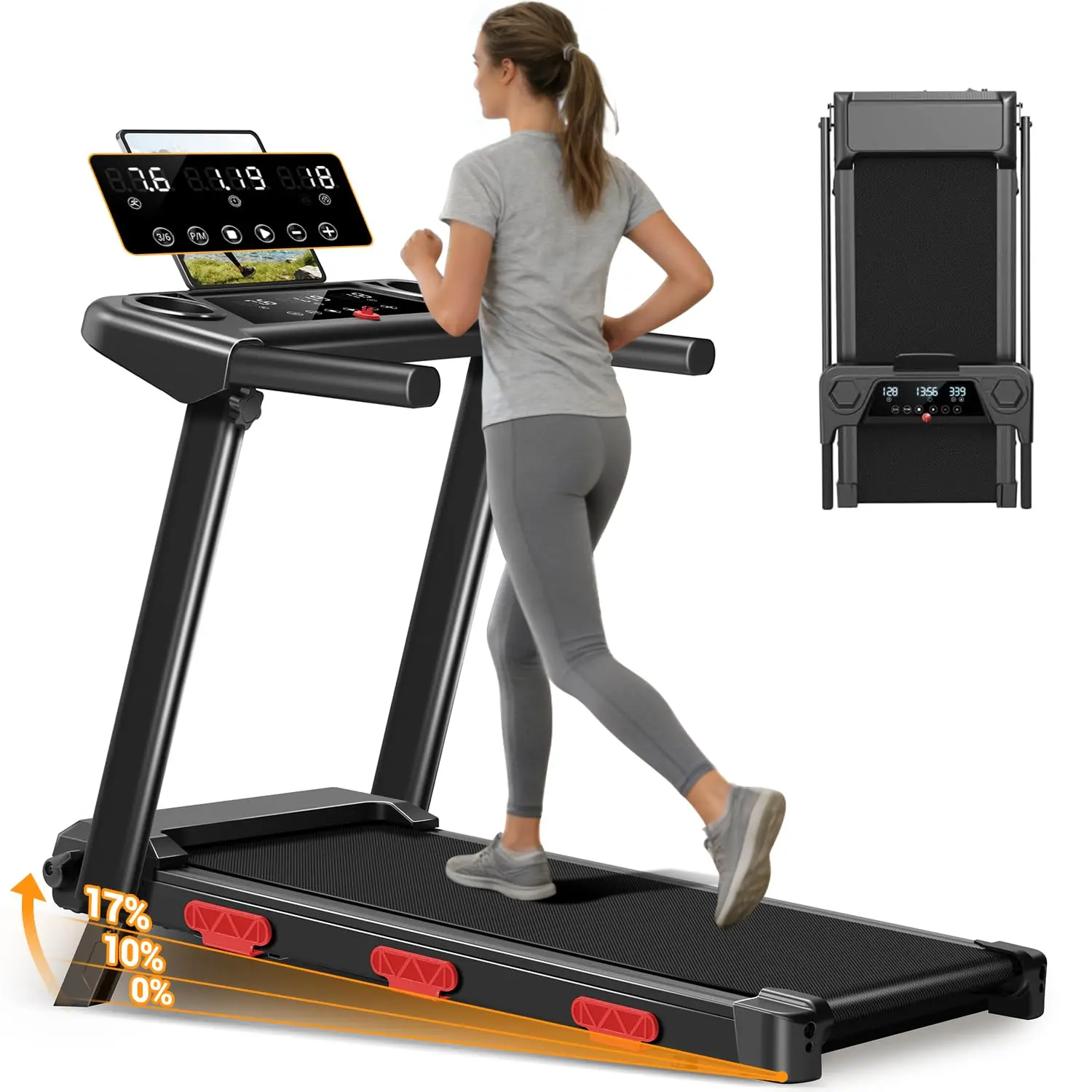 17% Incline Folding Treadmill 3.0HP Walking Pad with Handlebars, 350LBS Running Machine, LED Shock Absorbers for Home Customized