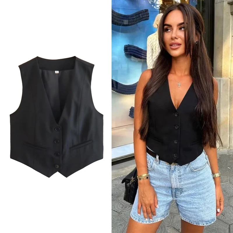 TRAF Fashion Sleeveless Vests For Women Button Up White Crop Top Office Casual Waistcoat Jacket Woman Summer Suit Black Vest Top