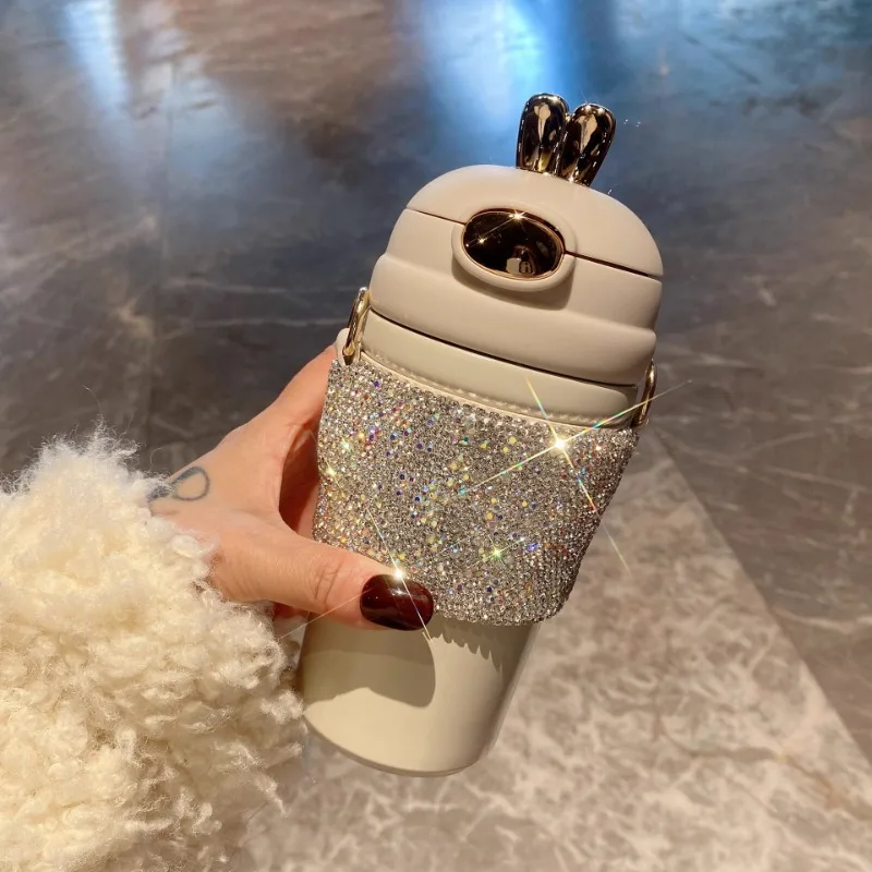 

Thermos Cup Light Luxury High Sense Diamond 304 Stainless Steel Thermal Insulation Water Cup Straw Oblique Span Strap High Value