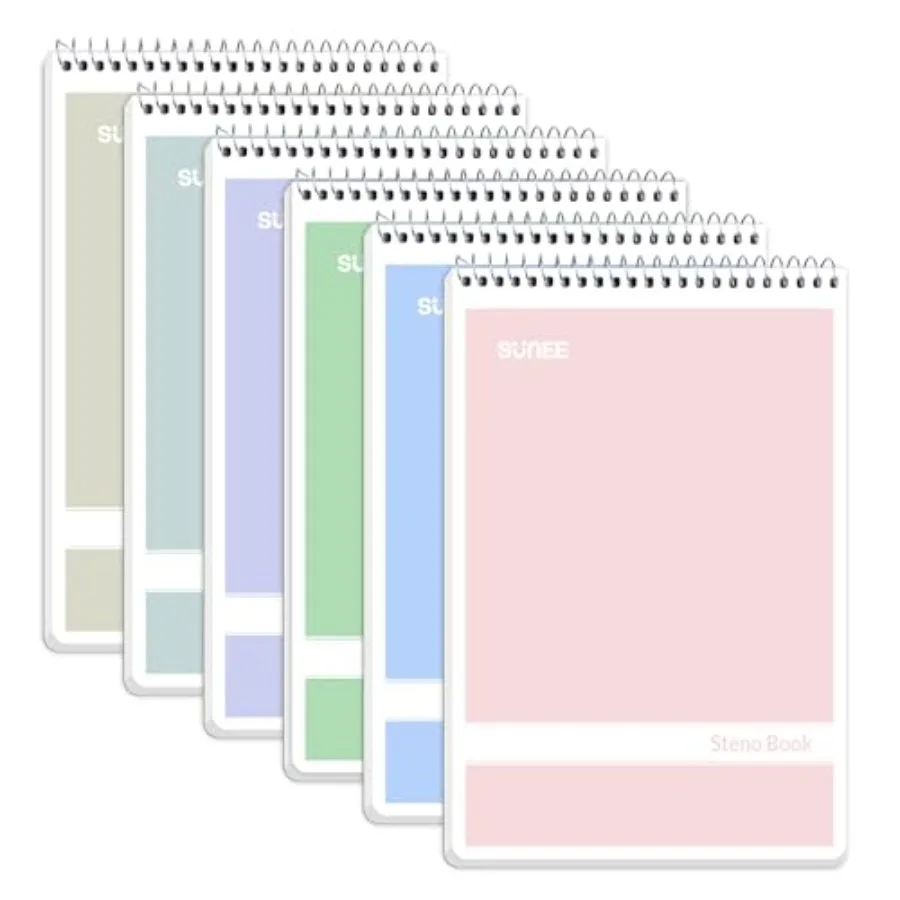 Steno Pads 6x9 6 Pack, Gregg Rule, 60 Sheets, 6 Assorted Color Spiral Notebook 6x9, White Paper, Take Notes with Top Spiral Not
