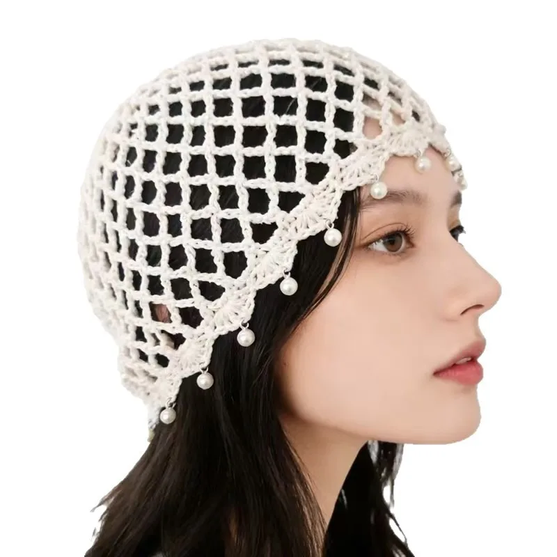 

Fashion Hollowed Out Woven Pullover Hats Crochet Breathable Beret Cap Pearl Fringed Retro Beanies Cap or Women Summer