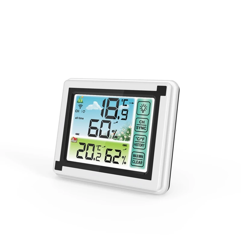 Touch Screen Weather Station With Wireless Sensor Alarm Clock, Thermometer, Hygrometer, Sunrise And Sunset Times