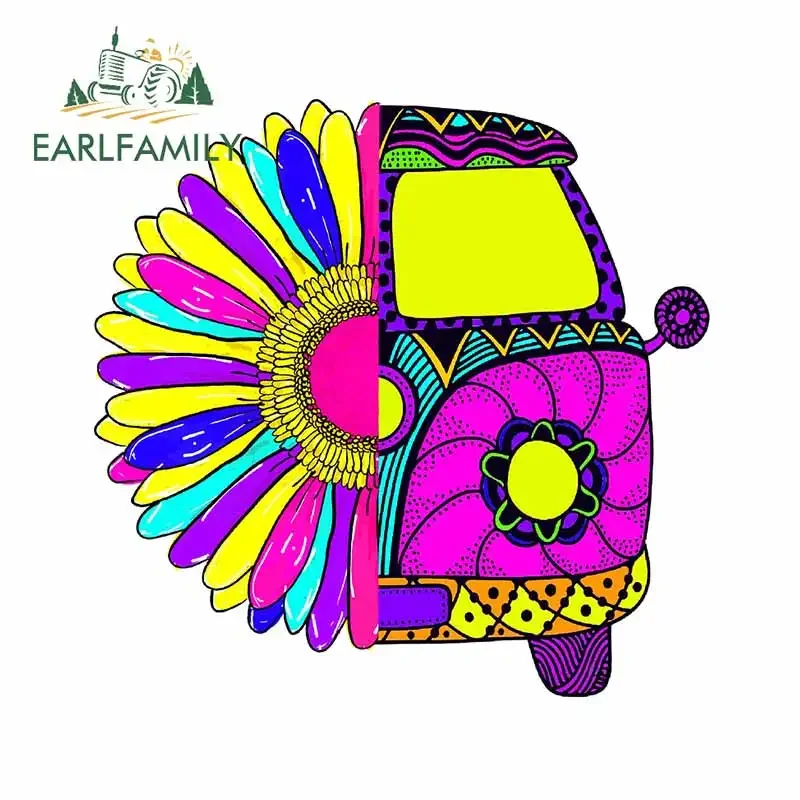 

EARLFAMILY 13cm x 12.9cm For Neon Hippie Bus Flower Motorcycle Car Stickers Vinyl Material Decal Personality Waterproof Decor