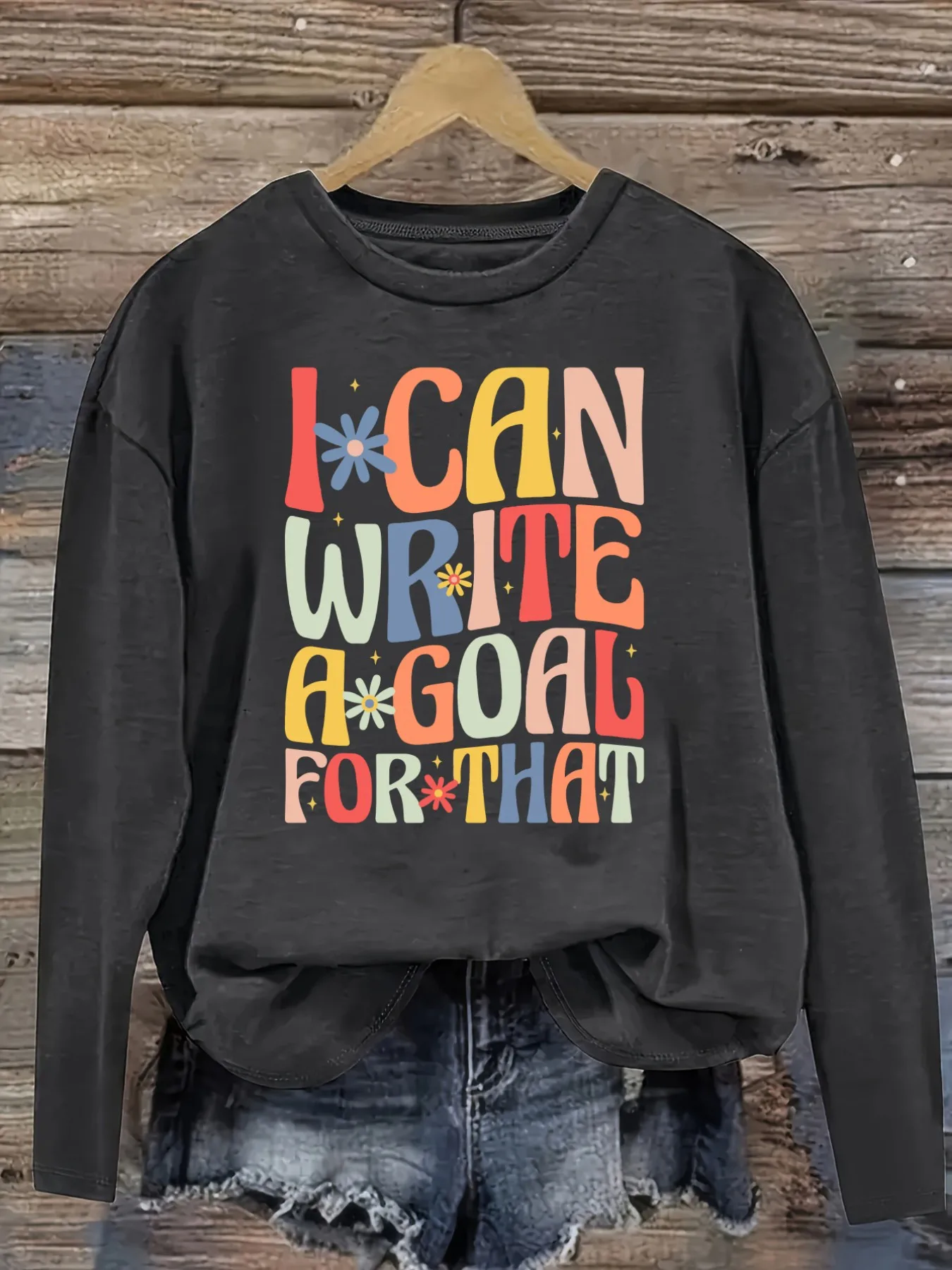 Women's Casual Long Sleeve Crew Neck T-Shirt I Can Write A Goal Design, Round Neck Women's Clothing, Machine Washable, Slightly Elastic, Loose Fit, Spring Autumn Winter Women's T-Shirt, Halloween Costume Outfit