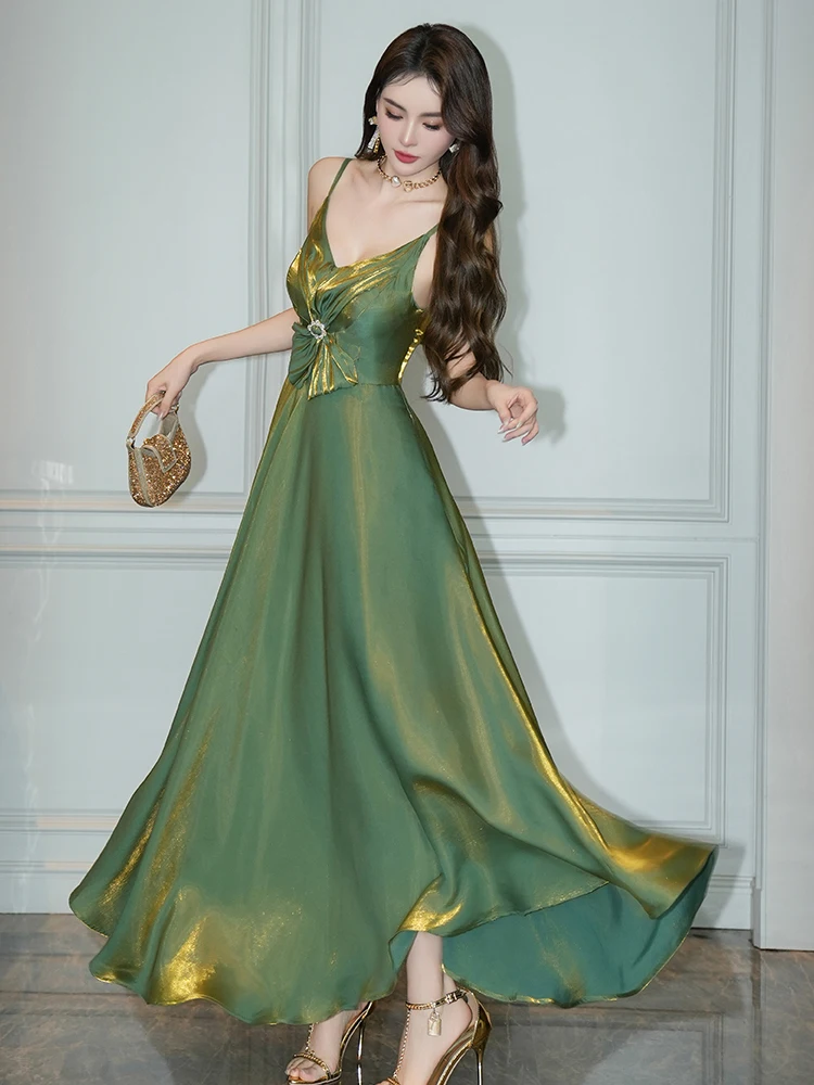 Celebrity Elegant Sexy Dresses Woman Shinny Green Strap Bow High Waist Long Gown Female Holiday Beach Robe Party Club Vestidos