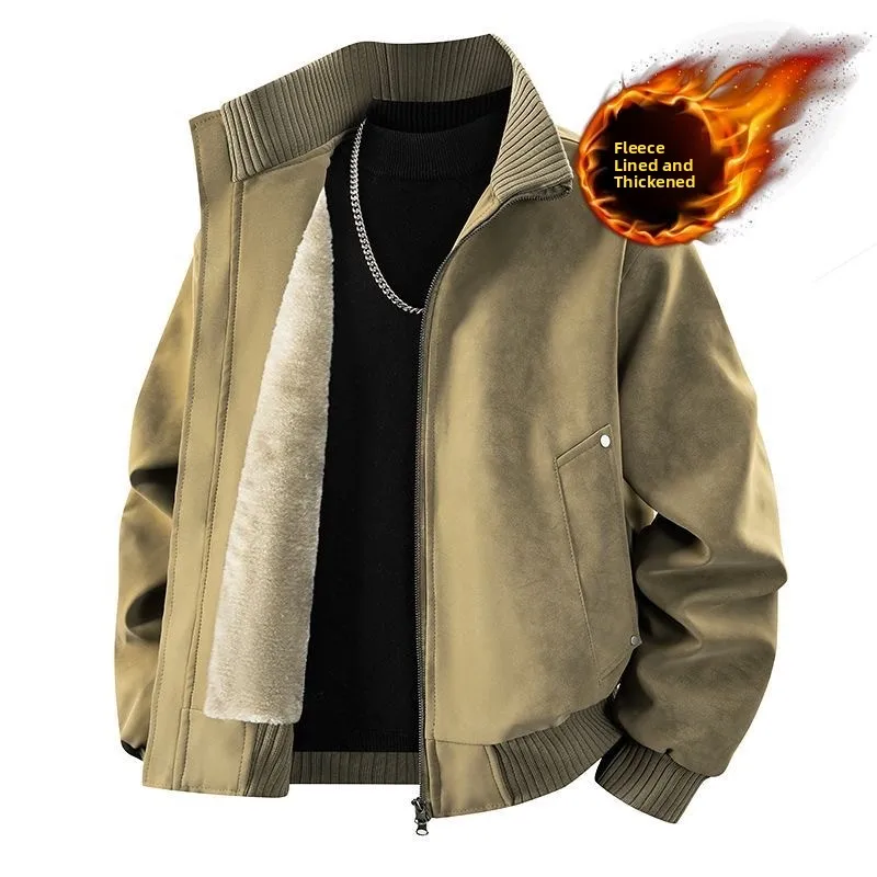 

Thiened Fce Lined Men's Leather Jaet Stand Collar Warm Windproof Waterproof Casual Outerwear Youth Faion PU Leather