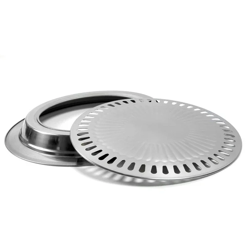 Stainless Steel Barbecue Round Plate Korean BBQ Grill Iron Plate No Burnt Fat Household Outdoor Picnic Smokeless Grill Pan Tools