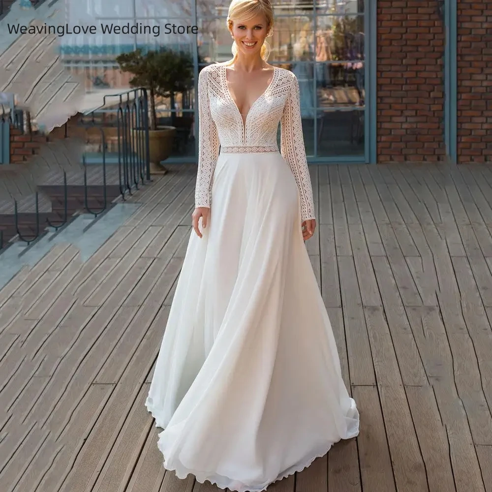 Abiti da sposa a maniche lunghe con scollo a v bohémien perfetti abiti da sposa in Chiffon con applicazioni di pizzo per le donne Robe Vestidos De Gala 2023