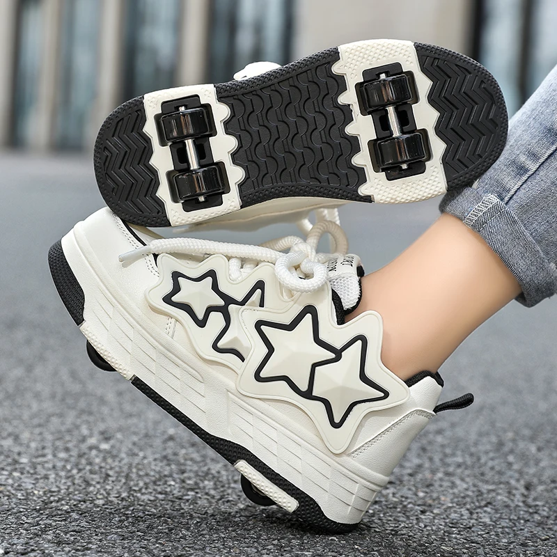 New Stars Children Sports Shoes Small Four-wheels Wear-resistant Leather Parkour Comfortable Stable Outdoor Sports Roller Skates