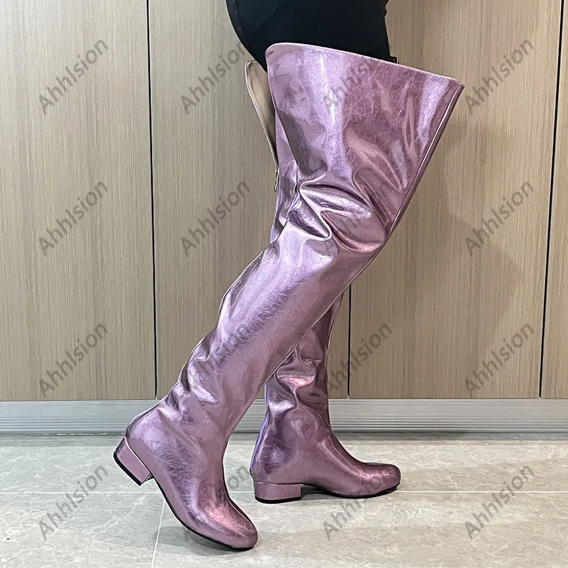 Handmade Women Winter Over Knee Boots Crack Back Zipper Falt With Heels Round Toe Purple Banquet Shoes Ladies US Plus Size 5-20