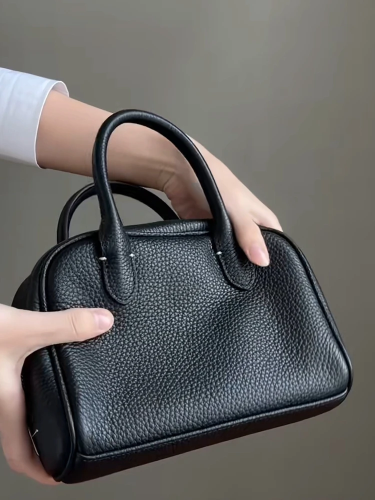 

Black Fashion Simple Genuine Leather Boston Bag Women Tote Bag\Handbag Real Leather Shoulder Crossbody Bag Small