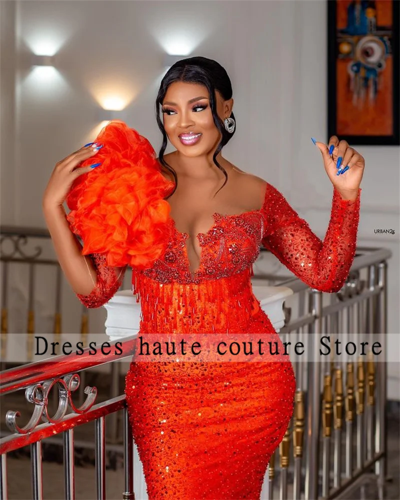 Aso Sbi Hot Orange African Lace Beaded Mermaid Evening Dresses Ruffles Long Sleeves Crystals Luxury Formal Party Dresses 2024