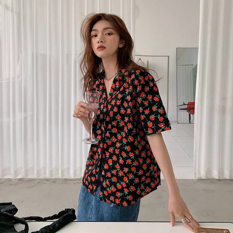 Women Clothing Vintage Printing Blouse Summer New Short Sleeve Loose All-match Floral Sweet Shirt Tops Fashion Casual Clothing