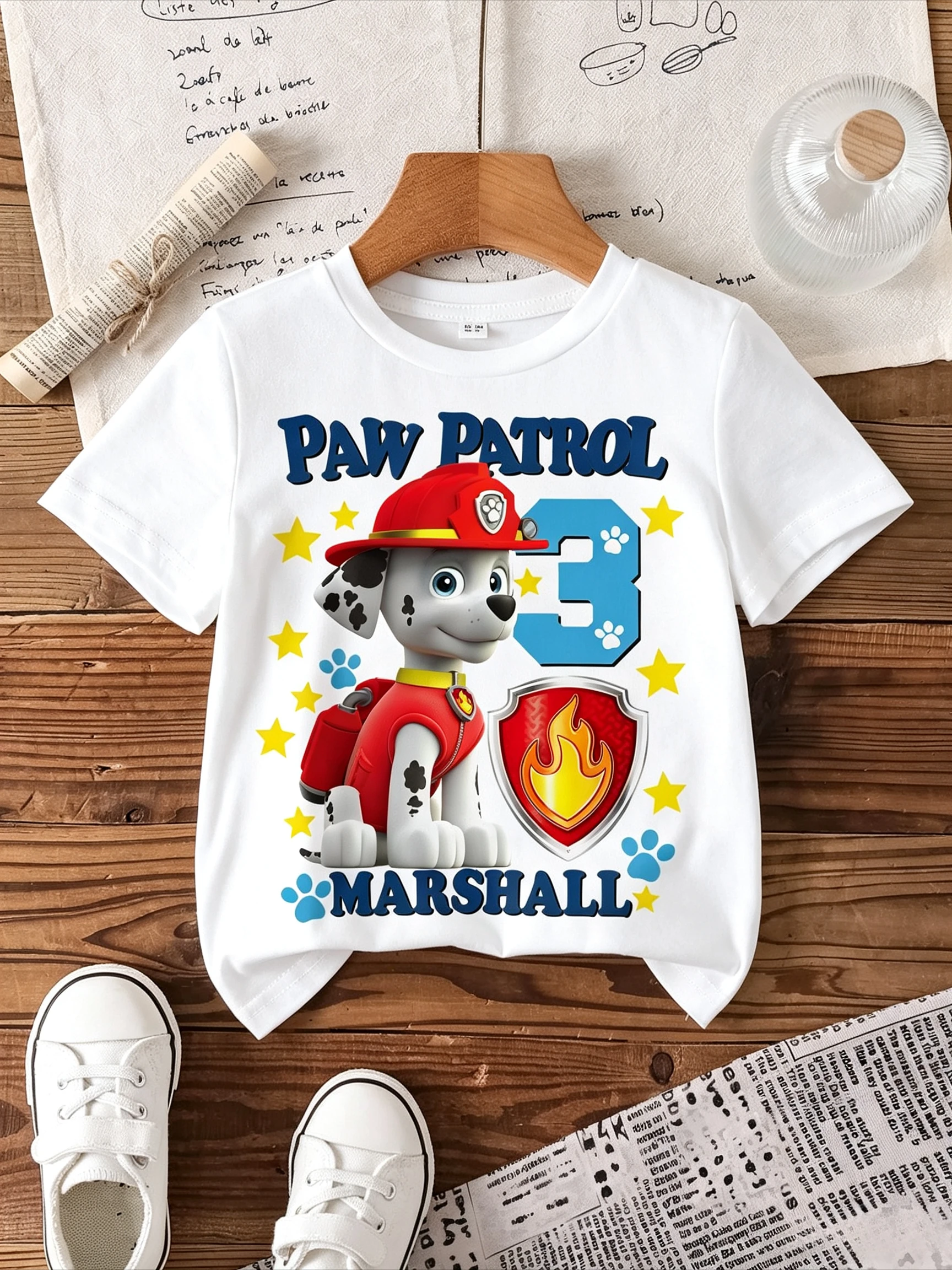 Kids Paw Patrol T‑Shirt Marshall Fire Dog Number 3 Star Shield Print Short Sleeve Cotton Boys Birthday Tops