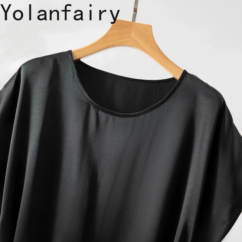 YOLANFAIRY 100% リアル桑シルクサマードレス 2025 スムーズなサテンシルクブラックドレス女性ラウンドネック半袖ドレスオフィス