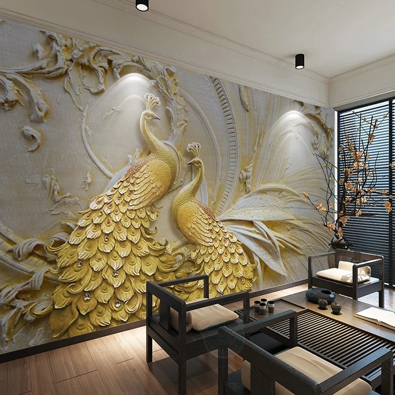 Customized Wallpaper 8D Embossed Golden Peacock Living room sofa TV background wall bedroom restaurant mural wall fabric Hotel