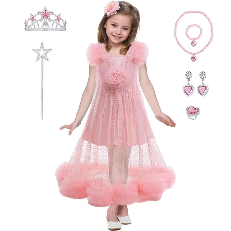 

Wicked Witch Same Pink Princess Cosplay Costume With Accessory Halloween Birthday Party Dresses For Girls Puffy Evening Dress