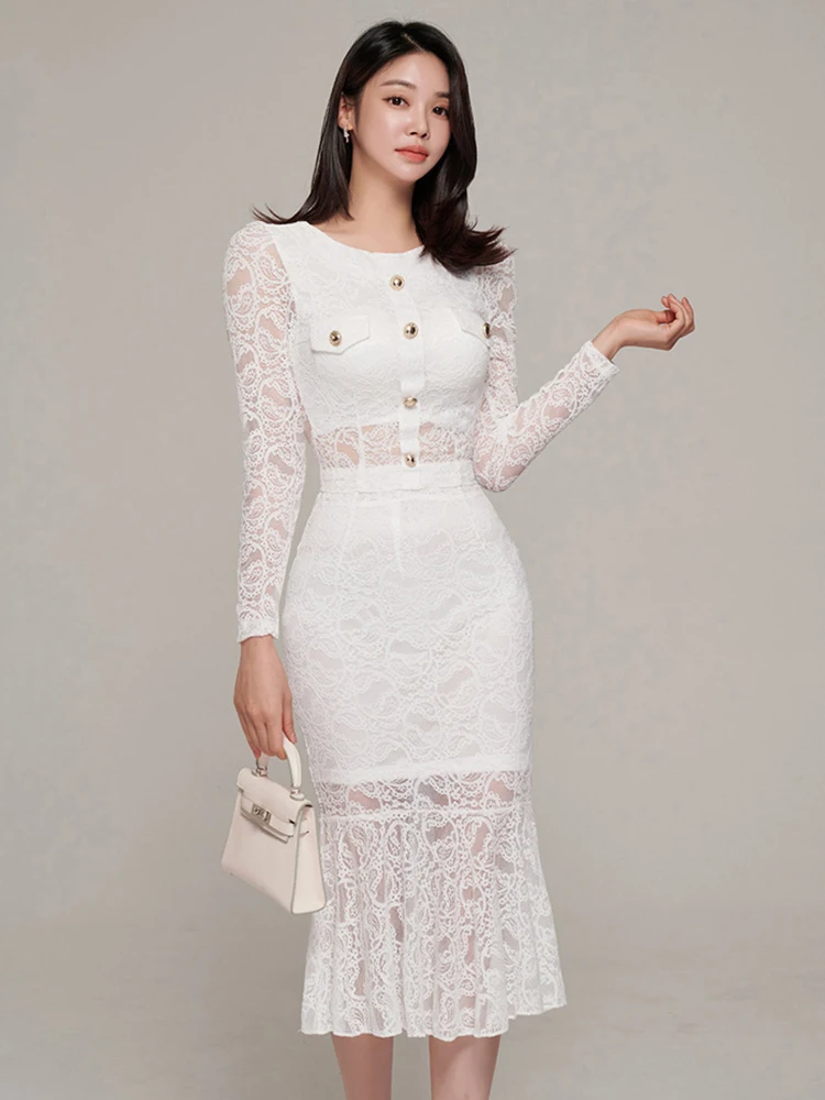 ملابس حريمي 2 قطعة الزي أنيقة السيدات الأبيض الدانتيل بلوزات مستديرة العنق قميص بلوزة وارتفاع الخصر ميدي ذيل السمكة تنورة Mujer مجموعة جديدة