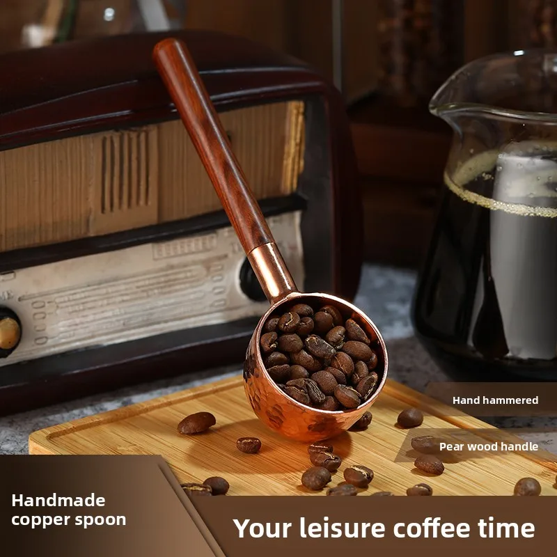 LMM handmade pure copper coffee measuring bean spoon household hammer point solid wood handle hand punch