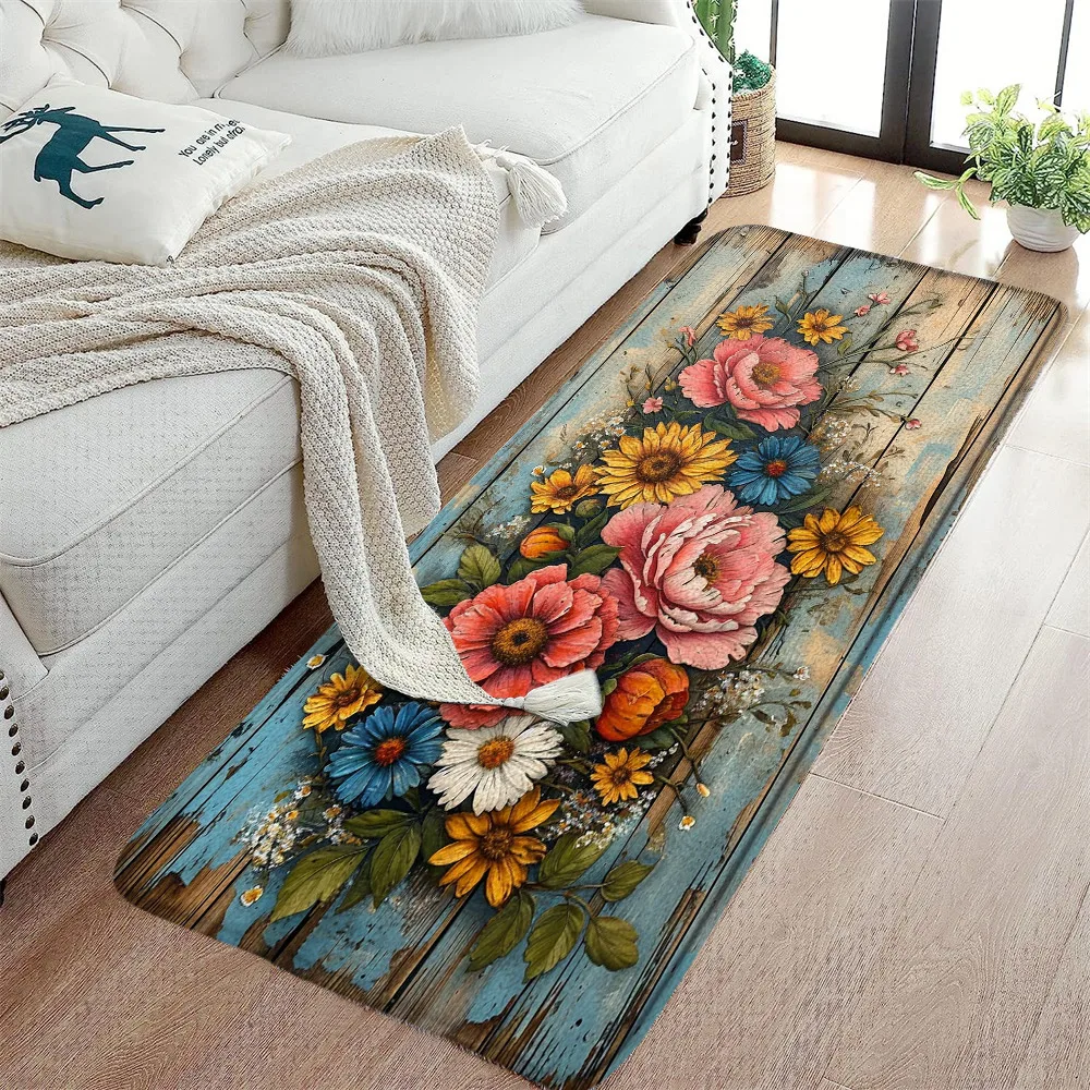 Vintage Floral Carpet Rustic Plant Flower Watercolour Painting Creative Doormat Sofa Mat Doorway Flannel Floor Mat Floor Decor