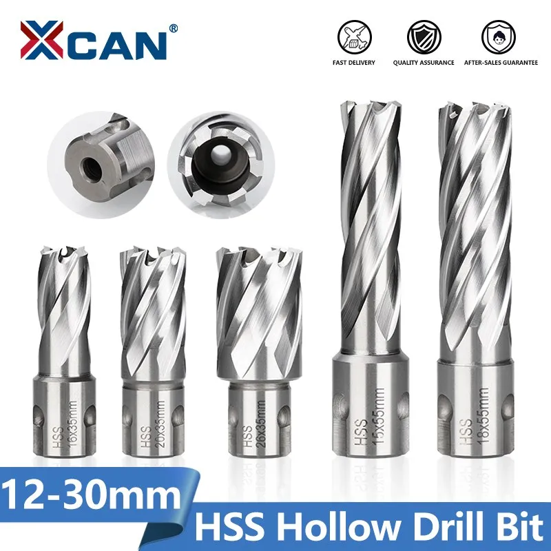 XCAN 12-30mm HSS Metal Core Drill Bit Annular Cutter 35/55mm Weldon Shank Hole Opener Hollow Drill Bit For Metal Drilling Tools