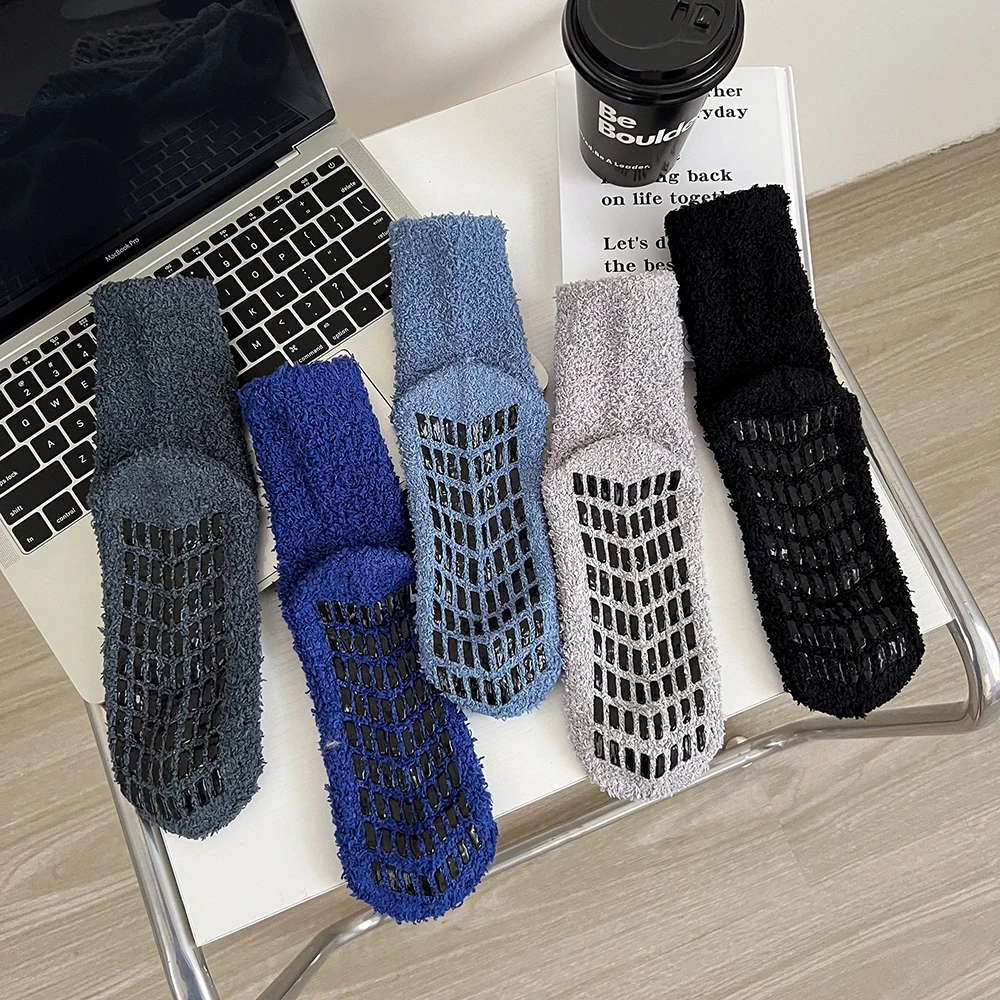 5/10 Socks Autumn Winter Men Women Non-hair Loss Coral Fleece Thicken Socks Unisex Warm Solid Color Non-slip Point Rubber Socks