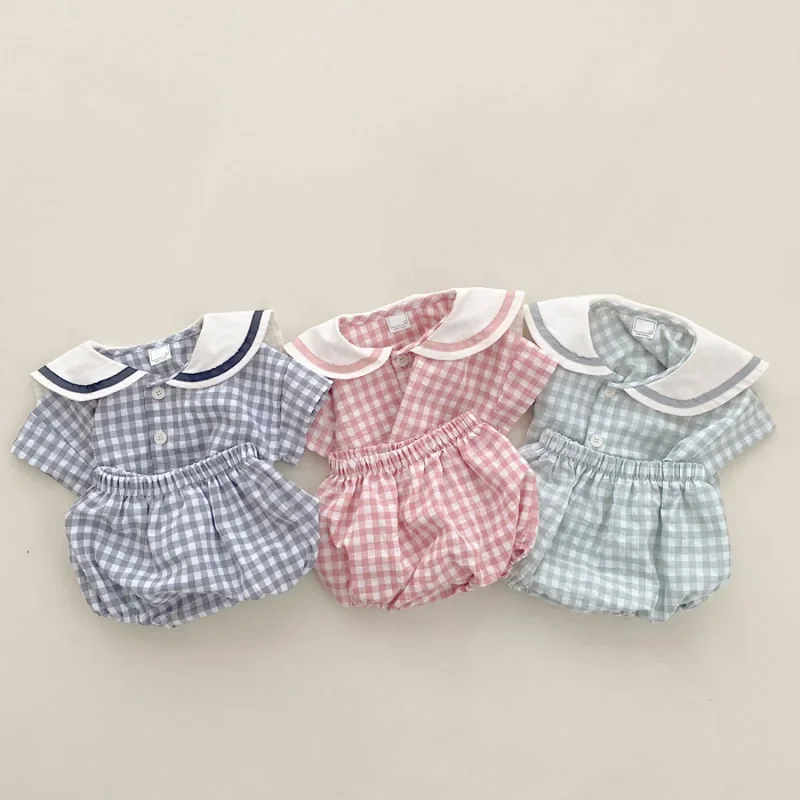 

Baby Girl Clothes Set Infant Boy Short Sleevs T-shirt And Bread Shorts 2pcs Sets Toddler Unisex Cotton Plaid Tops+bloomer Suit
