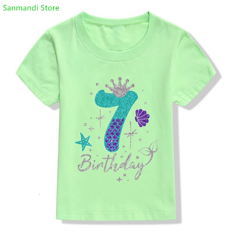 

Crown 3-9th Birthday Gift Graphic Print Tshirt Girls Mermaid Glitter Kids Clothes Green T Shirt Children Clothing Streetwear