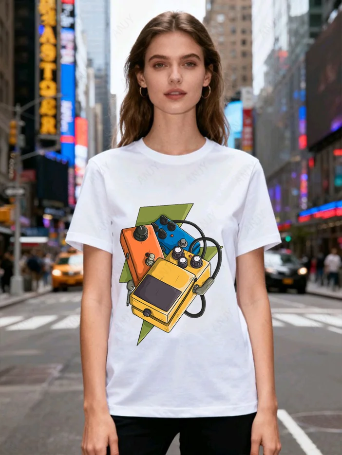 Exclusive-for-Rock-Musicians!-Retro-Hand-painted-Guitar-Effect-Design-T-shirt,-Pure-Cotton-Short-Sleeved-Band-Casual-Top