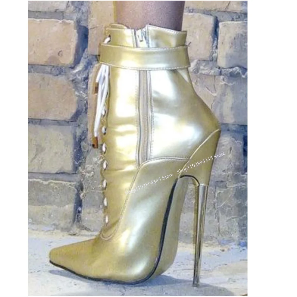 

Gold Lace Up Zipper Pointed Toe Boots Thin High Heel Mid Calf Fashionable Sexy Cool Winter Big Size Woman Shoes Zapatillas Mujer