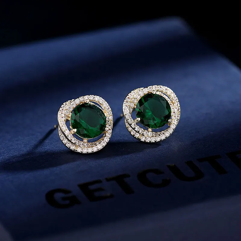 Minimalist And Versatile S925 Silver Needle Earrings With High-End Feel, Super Sparkling Zircon Inlaid With Vintage Emerald Earr