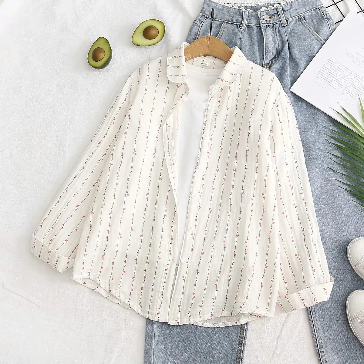 Floral Pattern Double Layer Cotton Women\'s Full Sleeved Shirts 2024 New Loose Soft Casual Flowers Printed White Shirt  Lady Tops