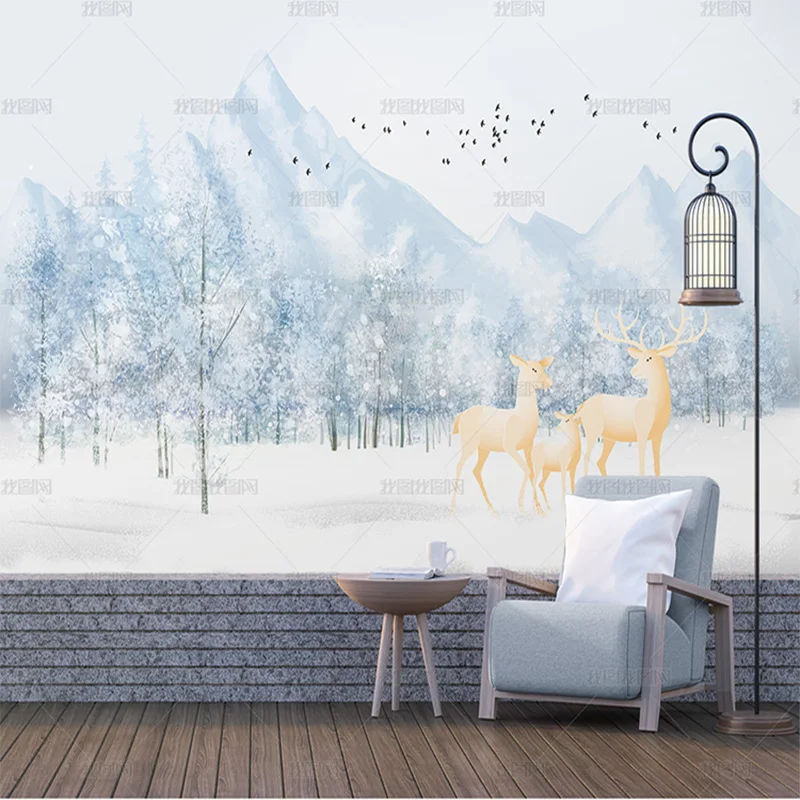 

Пользовательские 3D скандинавские креативные обои, ручная роспись, мечта, лес, снег, олень, фреска, диван, гостиная, ТВ, фон, стена, спальня, 8d
