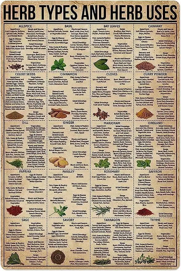 Panneaux métalliques vintage pour la cuisine : types d'herbes et usages des herbes, panneau en étain sur le thème de la science populaire, panneau en étain pour la maison, panneau O rétro et amusant