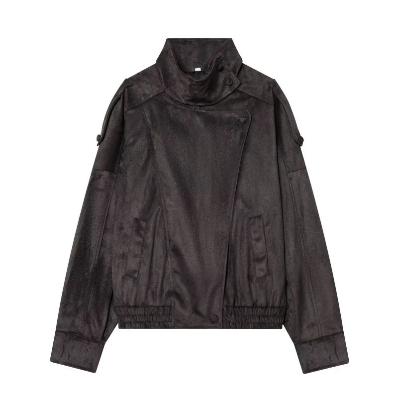 Women's jacket 2026 new motorcycle style casual solid colour stand collar long sleeve suede-like faux leather jacket