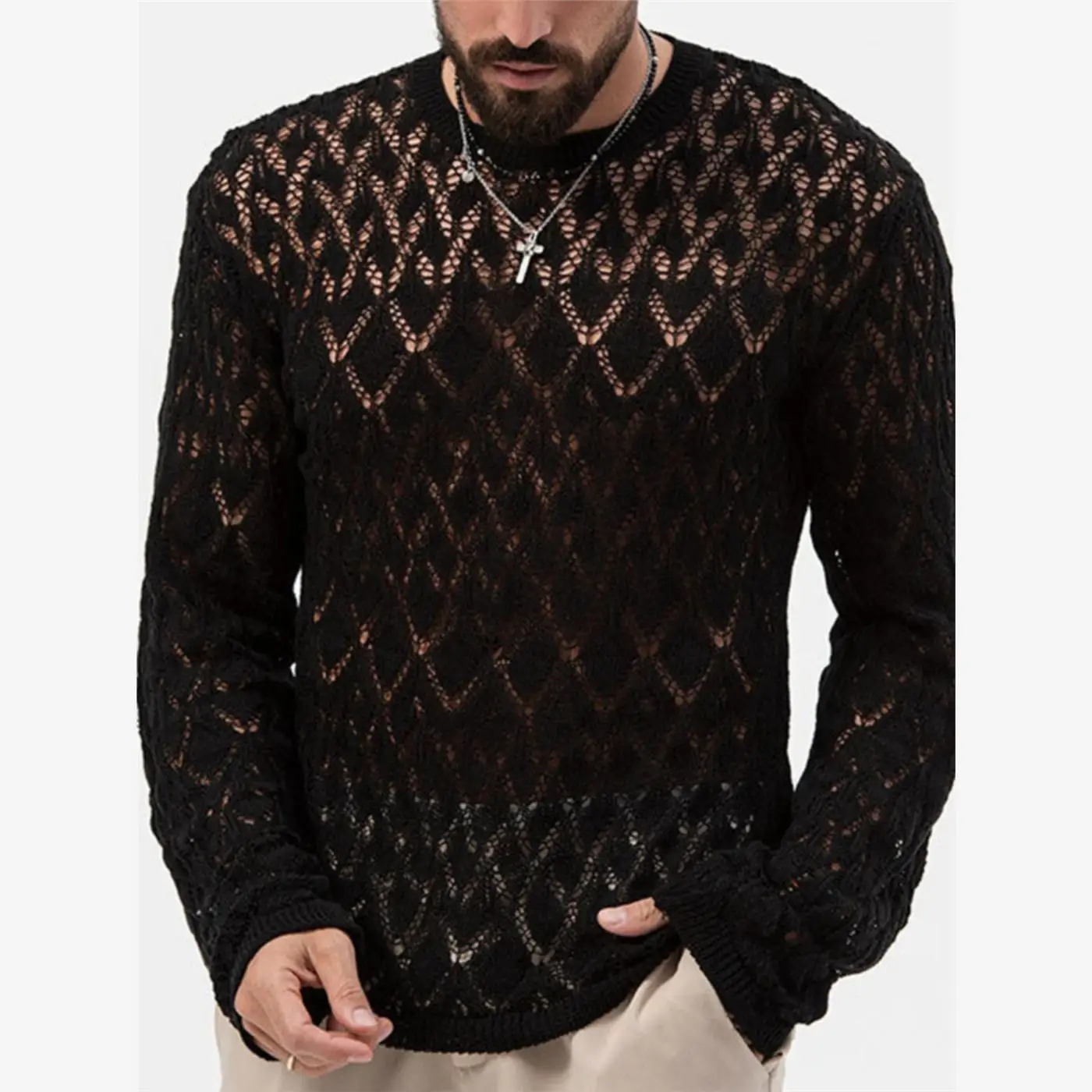 

Сексуальный вязаный свитер с вырезами, большие размеры, мужской базовый слой, тонкая шерстяная рубашка, модная мужская вязаная одежда, городской повседневный стиль, длинный рукав