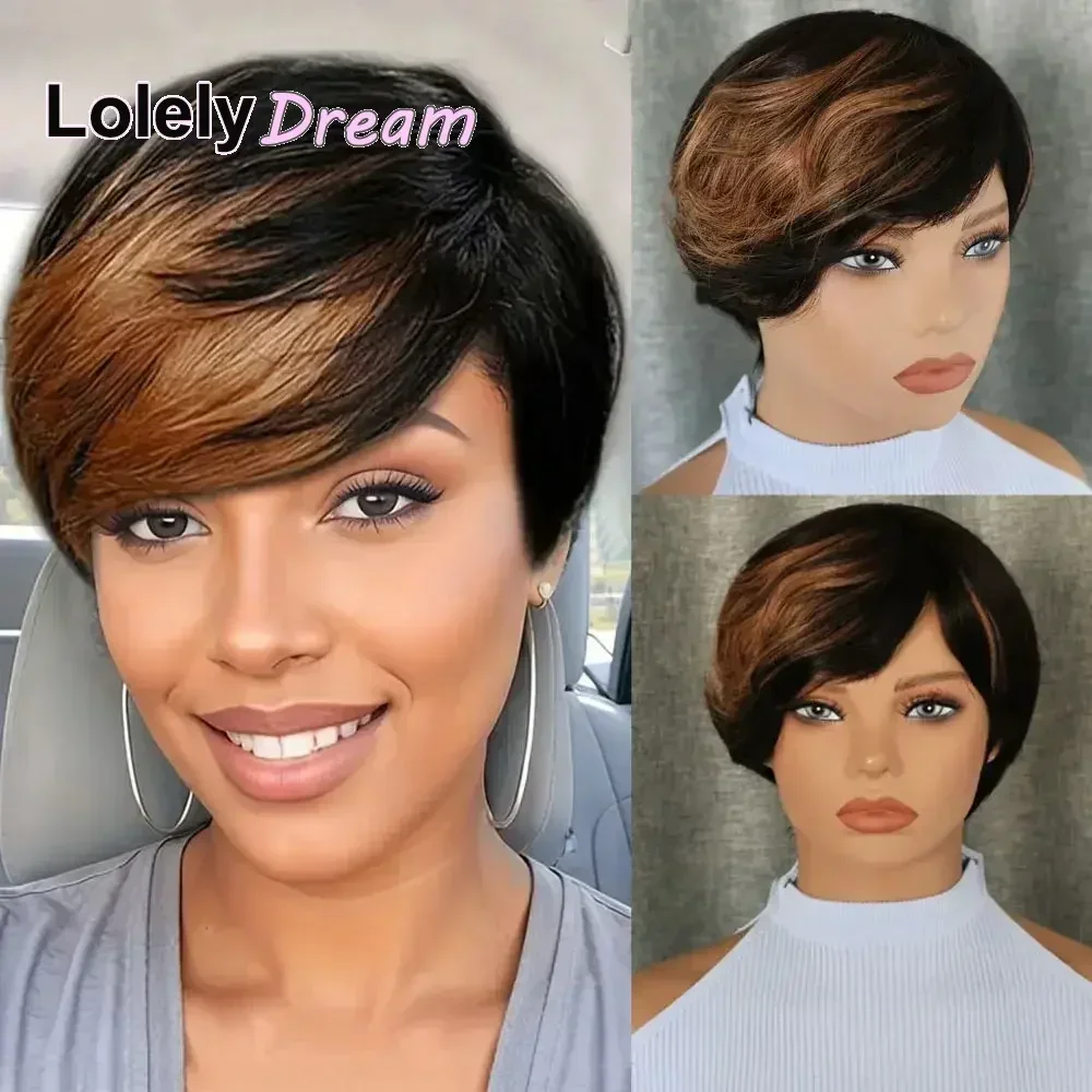 

Парик из натуральных волос Honey Blonde Highlight Pixie Cut с челкой, полностью машинной работы, короткий боб, бразильские волосы Remy, естественный комфорт