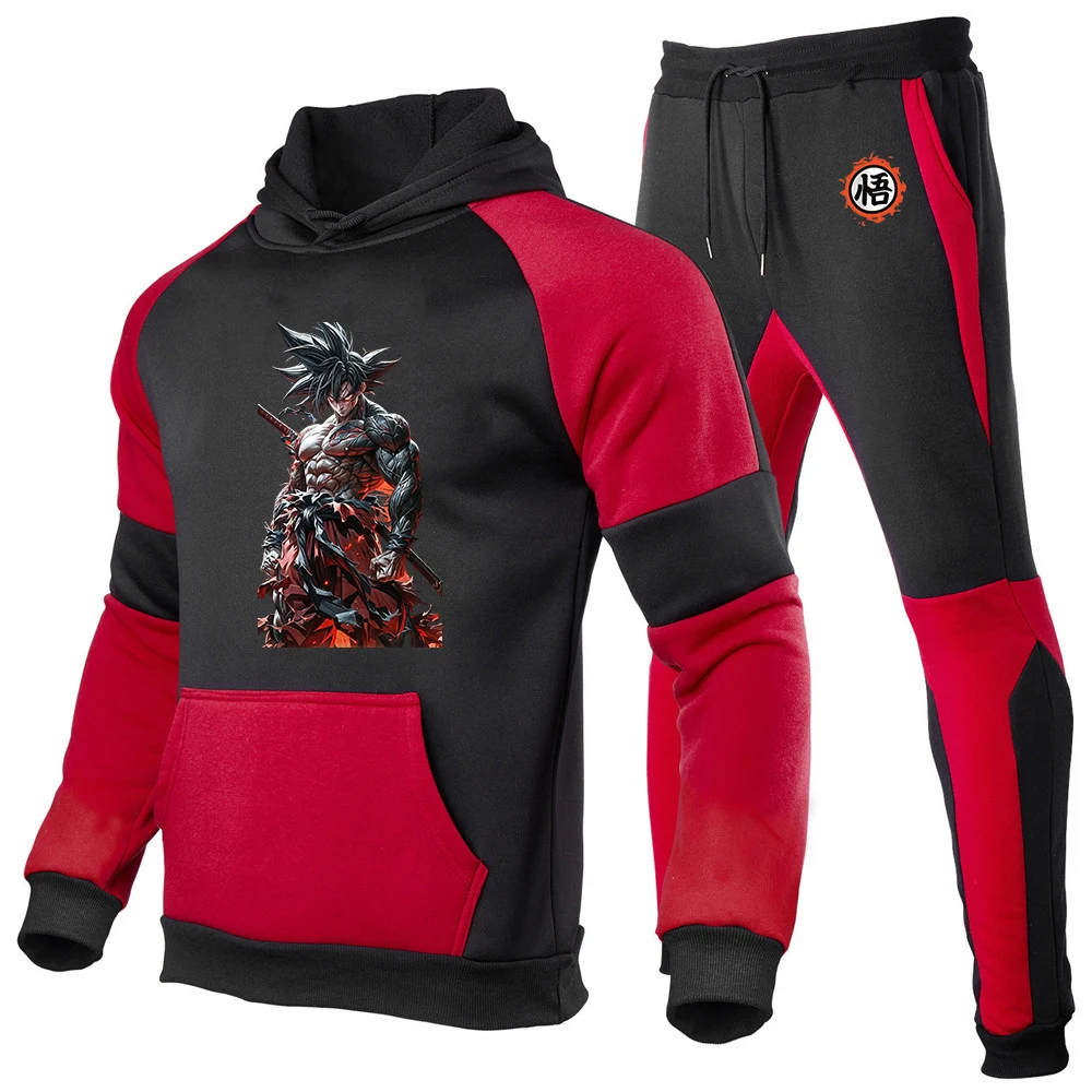 Dragon Ball Anime Goku Logo Print 2026 Spring And Autumn Men's Patchwork Pocket Pullover Drawstring Hoodies Pants Suits