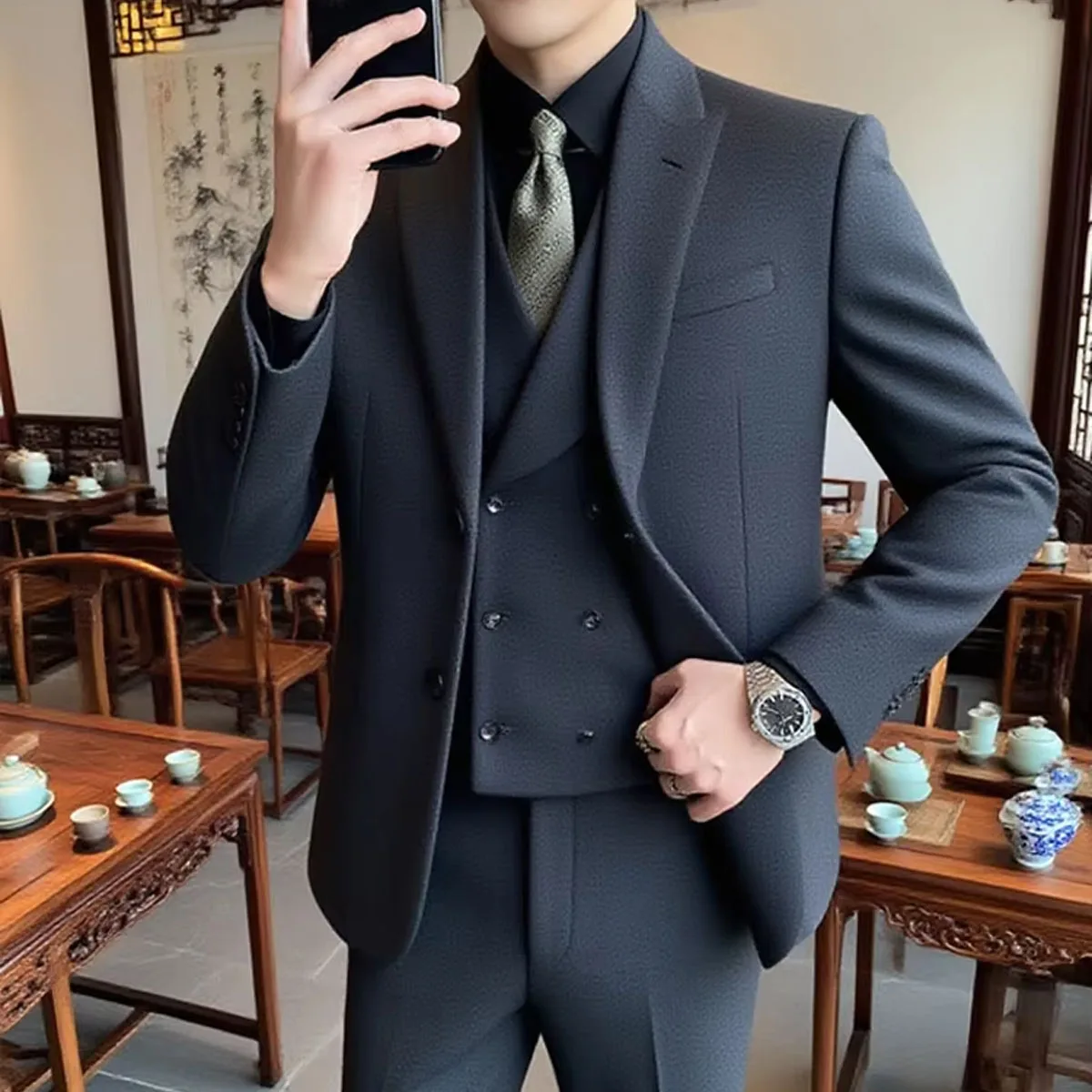 

New Chinese Style Collarless Woolen Men's Suit Set Slim Fit Business Suit Wool Blazer Wedding Formal Men's Clothing 1/2/3-Piece