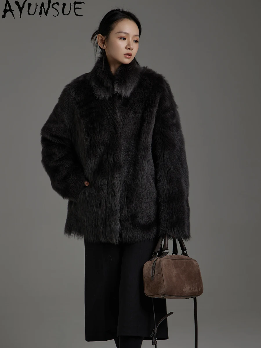 AYUNSUE سترة جلدية حقيقية للنساء معطف فرو من جلد الغنم الطبيعي جواكت شتوية 2025 ملابس فاخرة للسيدات فضفاضة تناسب شوبانا Жеenca