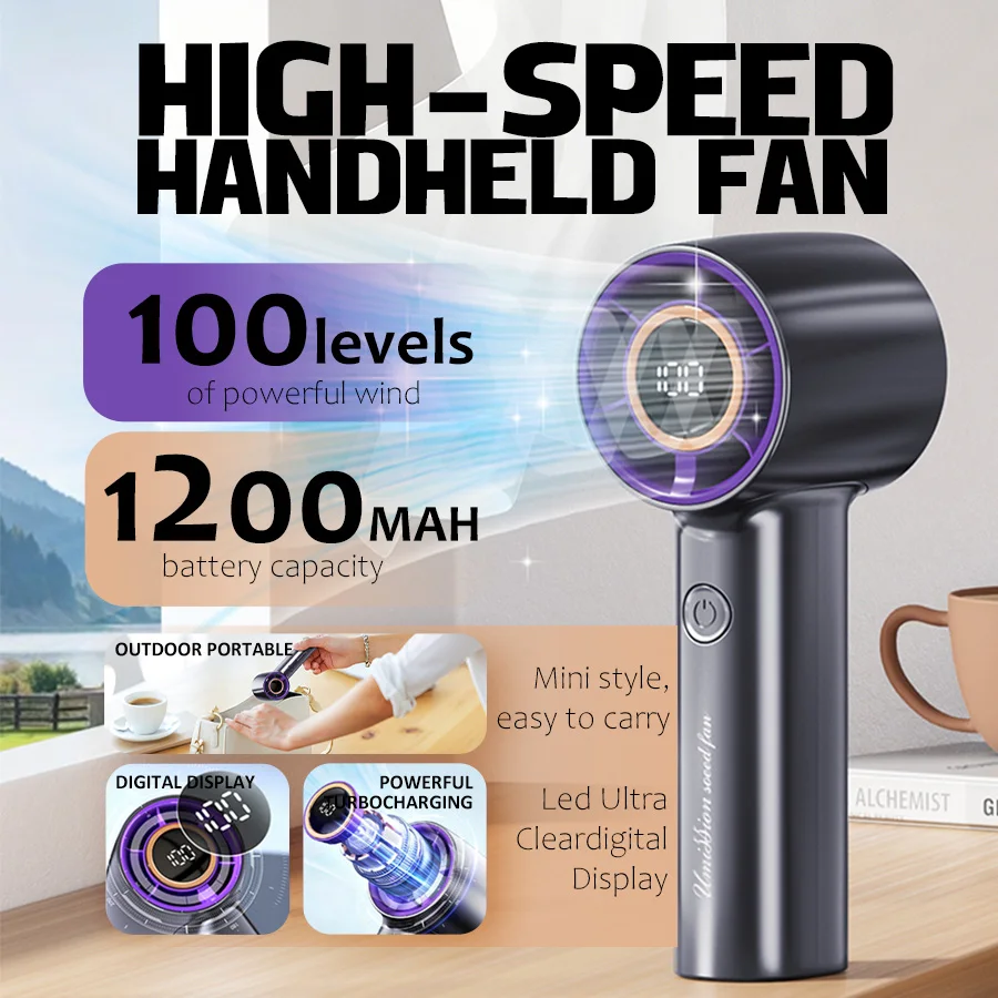 2-in-1 High Speed Handheld & Desktop Fan, 100 Stepless Speeds, 2400mAh Rechargeable, LED Display, Quiet Powerful, Portable Fan