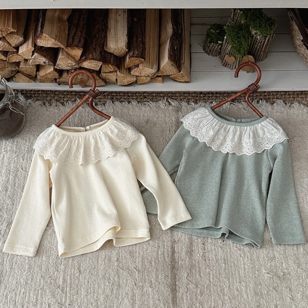 2026 Autumn New Baby Long Sleeve T Shirts Infant Girl Large Ruffle Collar Bottoming Shirts Cotton Toddler Solid Princess Tops
