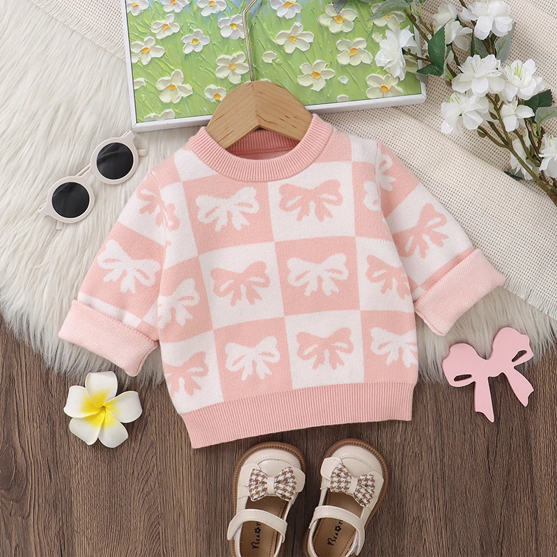 2024-07-03 Lioraitiin Toddler Girls Sweater Bowknot Print Contrast Color Crew Neck Long Sleeve Baby Pullovers Fall Clothes Tops