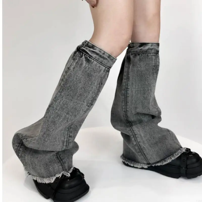 Y3NE Women Washed Jeans Leg Warmer Elastic Top Cuffs Distressed Trim Flared Socks